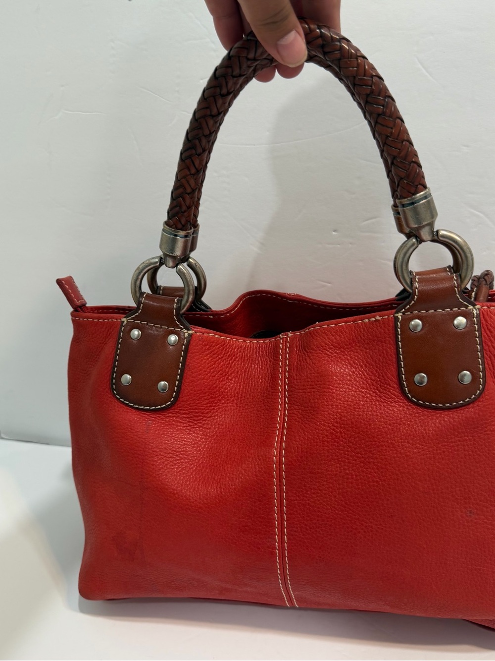 Fossil Red Leather Shoulder Bag with Brown Braided Handles